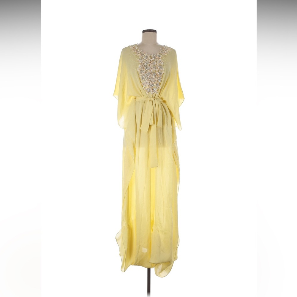 Oscar De La Renta Yellow Sheer Cocktail Kaftan Dress Medium